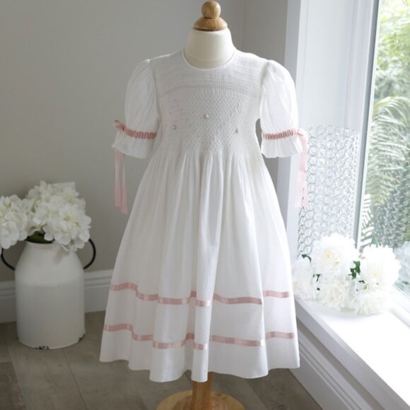 Strasburg Dress Heirloom White Smocked Pink Ribbon Size 4/5 Special Occasion NWT - Picture 1 of 7